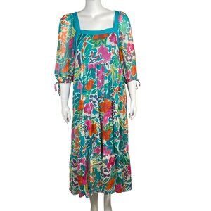 Umgee Floral Print Midi Dress Womens S Sheer Sleeves Tiered Flowy Boho